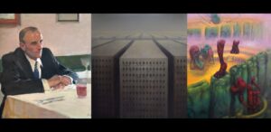 Images of the following paintings: Burt Silverman, Trattoria; Maggie Evans, Platau; Chris Boyko, Fence, Jaws, Playground, Animal